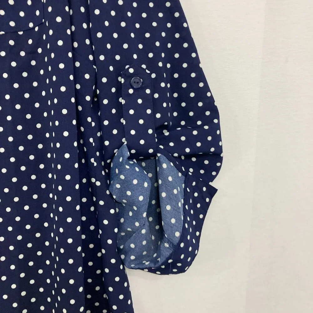 Notations Navy Blue Polka Dot, Lightweight, poly SOFT drape Shirt. Like NEW! - Picture 2 of 11